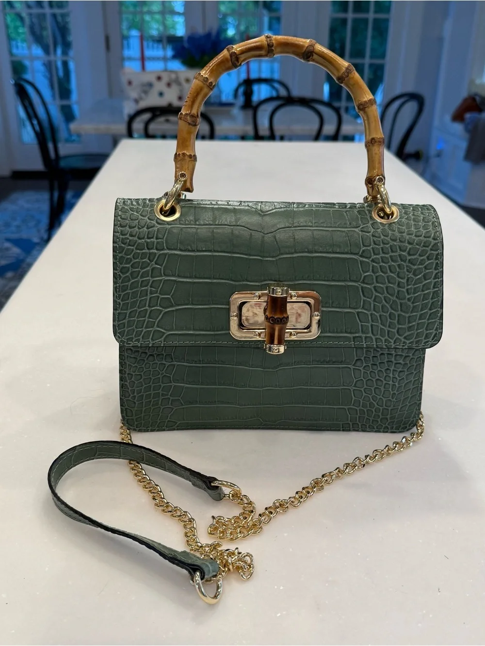 Borse In Pelle Italy Women’s Croc Leather Sage Green Handbag Crossbody NEW